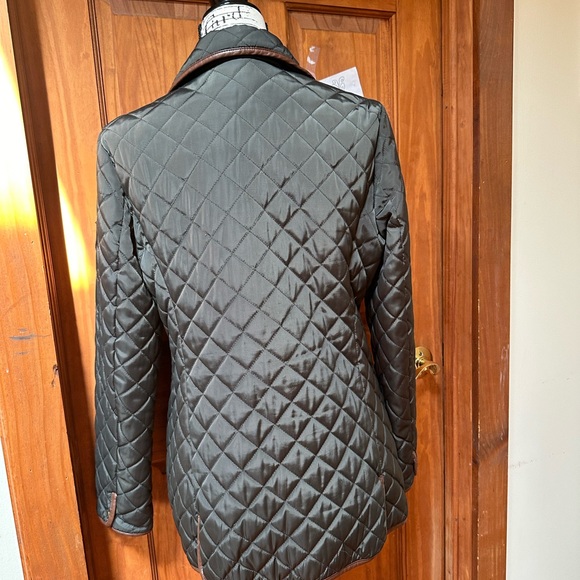 Ralph Lauren Women's Quilted Peplum Coat olive green with brown leather trim - Picture 3 of 7